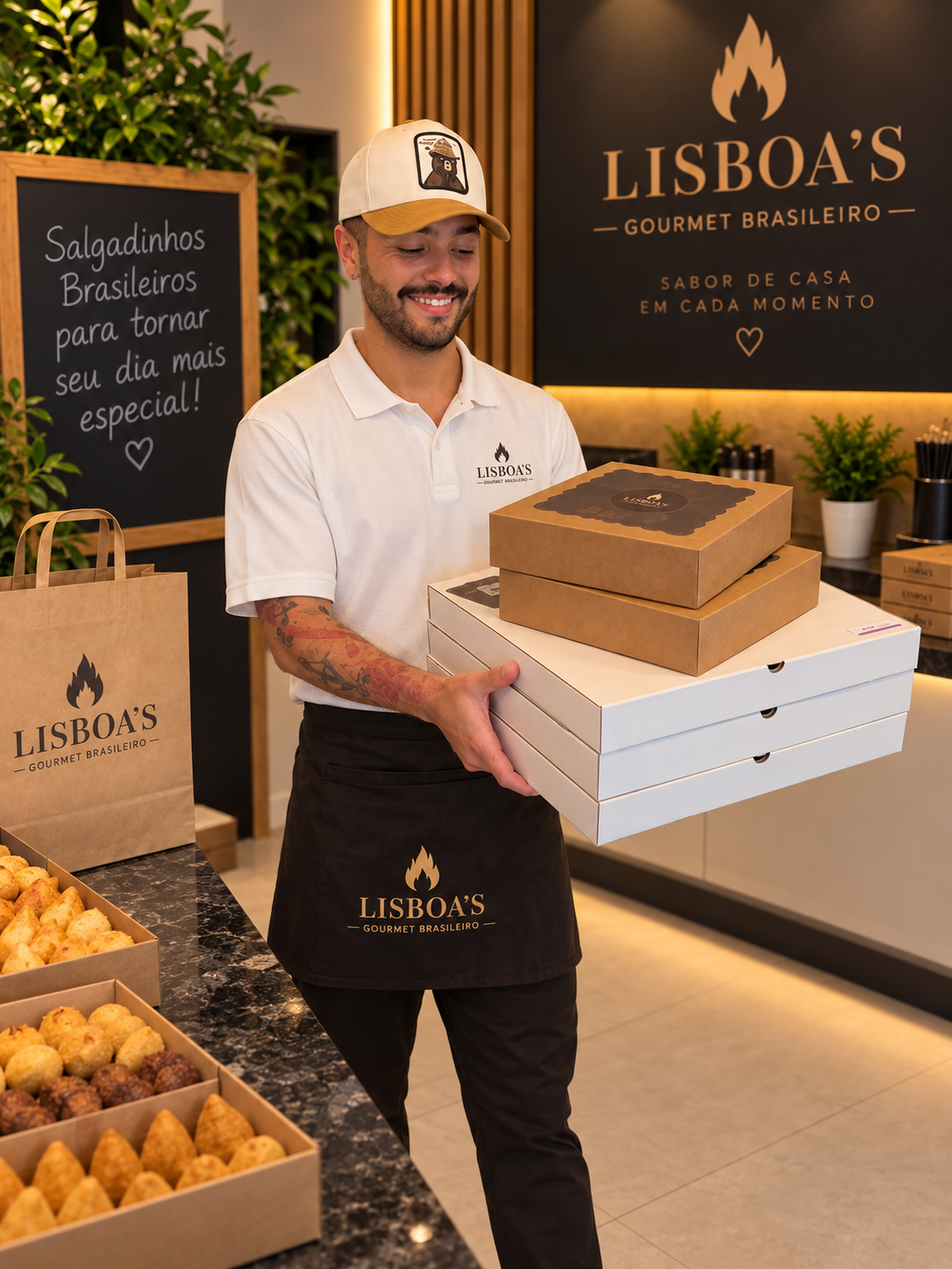 Atendente da Lisboa's Gourmet com caixas de salgados e doces
