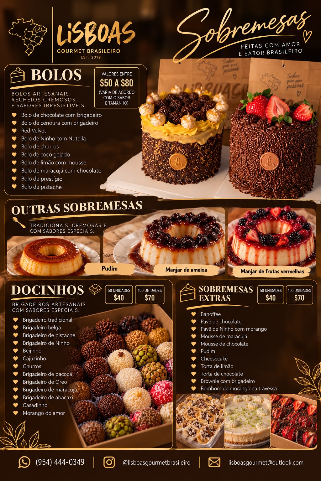 Cardápio de sobremesas Lisboa's Gourmet Brasileiro: bolos artesanais, pudim, manjar, docinhos e sobremesas em pote, com preços e pedido pelo WhatsApp (954) 444-0349.
