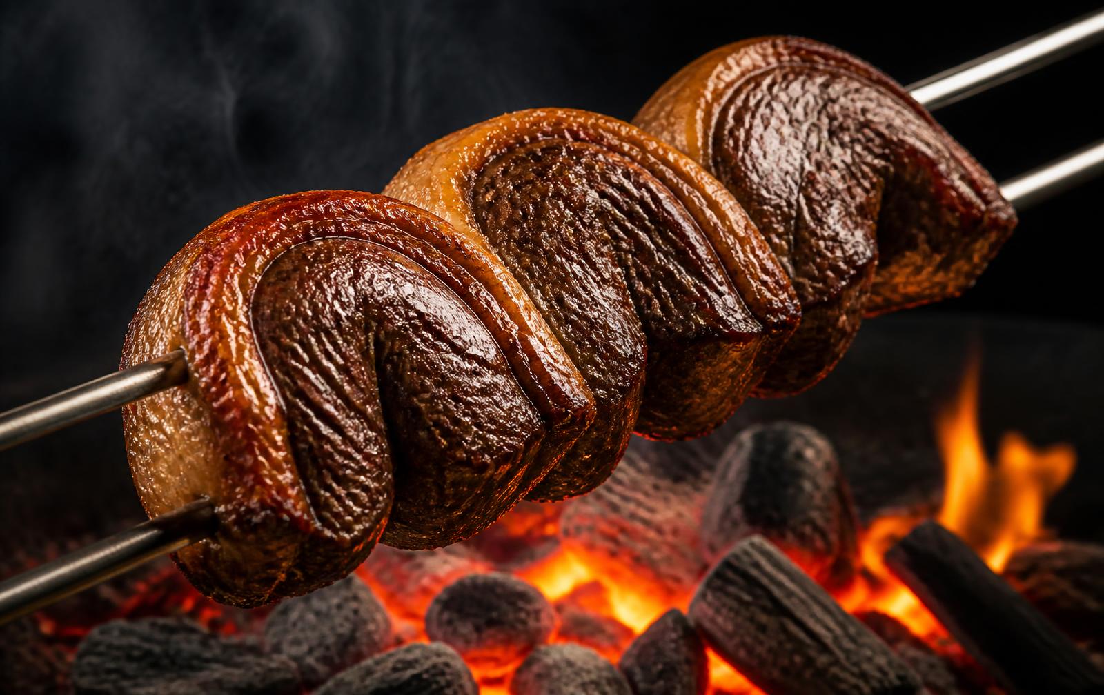Picanha assando no espeto sobre brasas incandescentes
