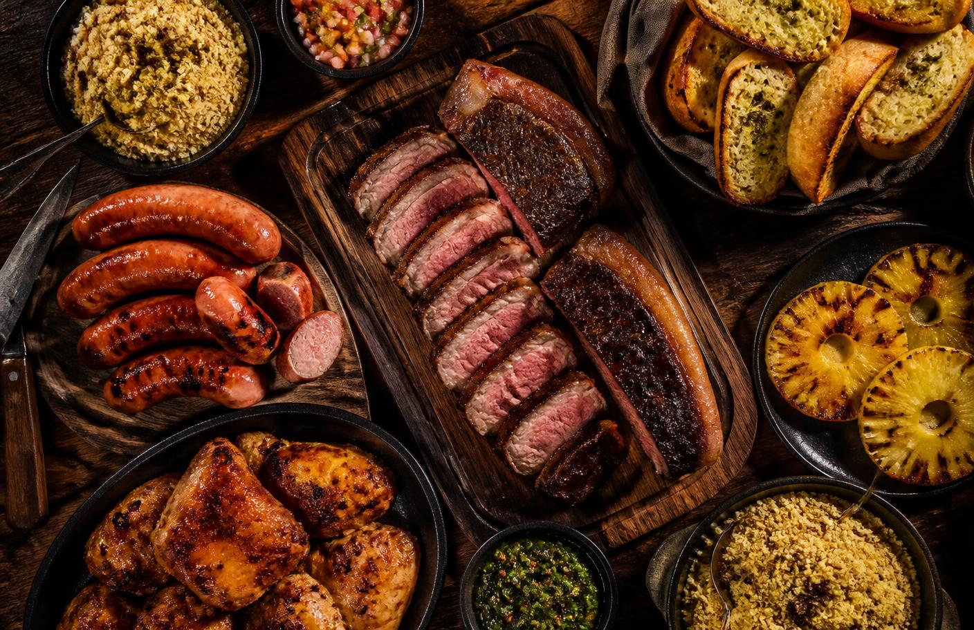 Mesa de churrasco com picanha fatiada, linguiças, frango, pão de alho e farofa